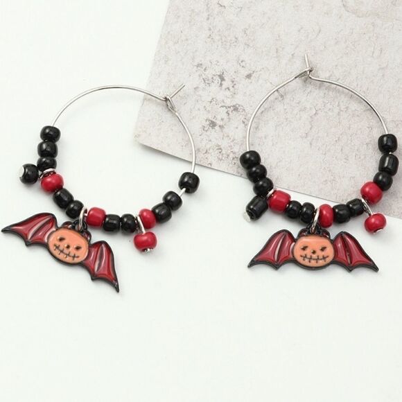 NEW BEADED BAT HOOP HALLOWEEN EARRINGS #h15 - Picture 2 of 4